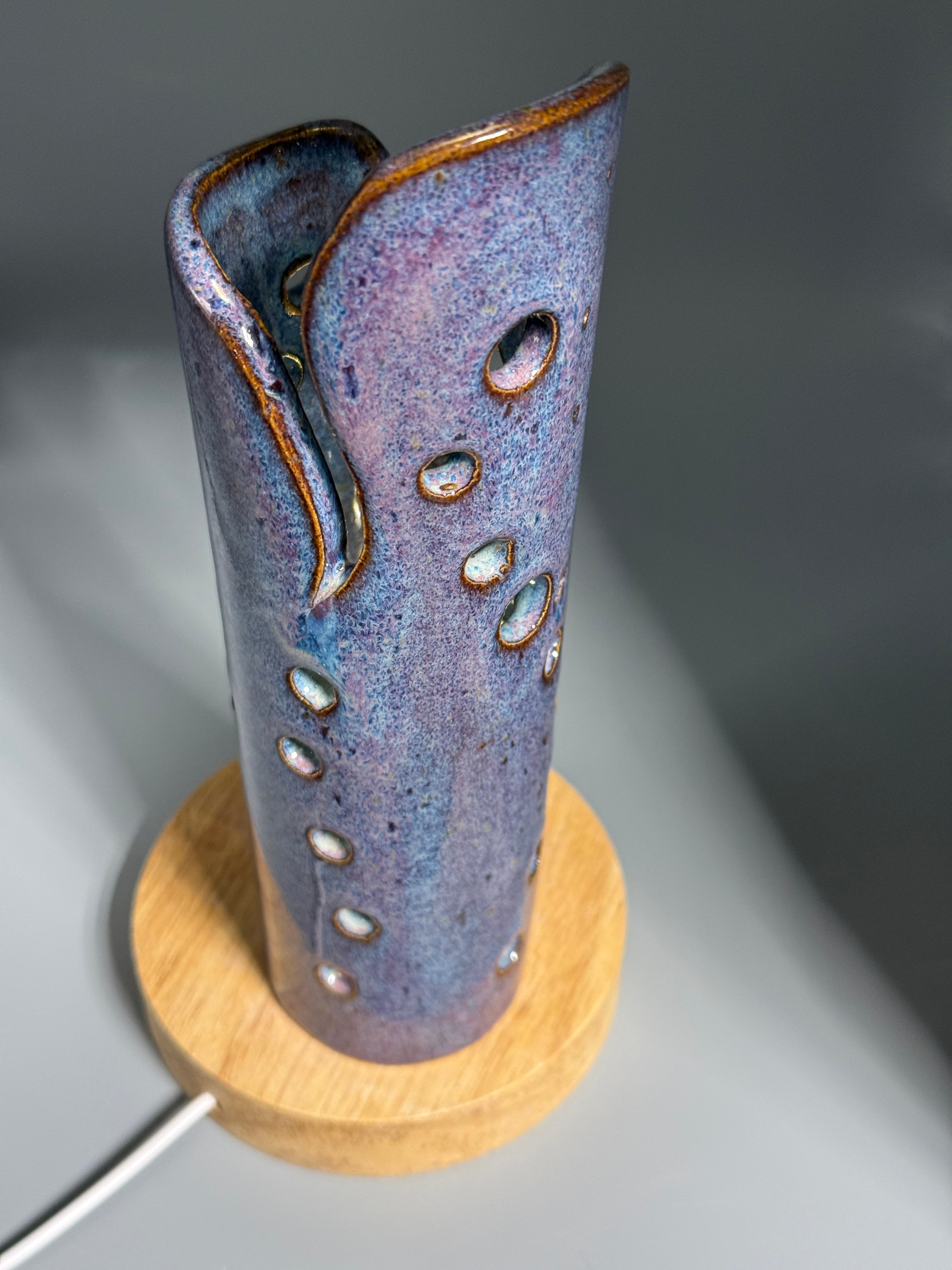 Thistle Rain — Carved Ceramic Accent Lamp with Wood LED Base
