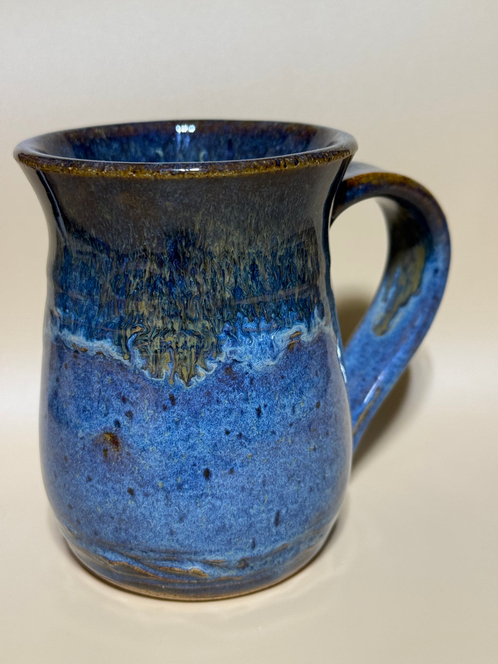 Speckled blue mug with golden drips - Handmade, 10-12 oz
