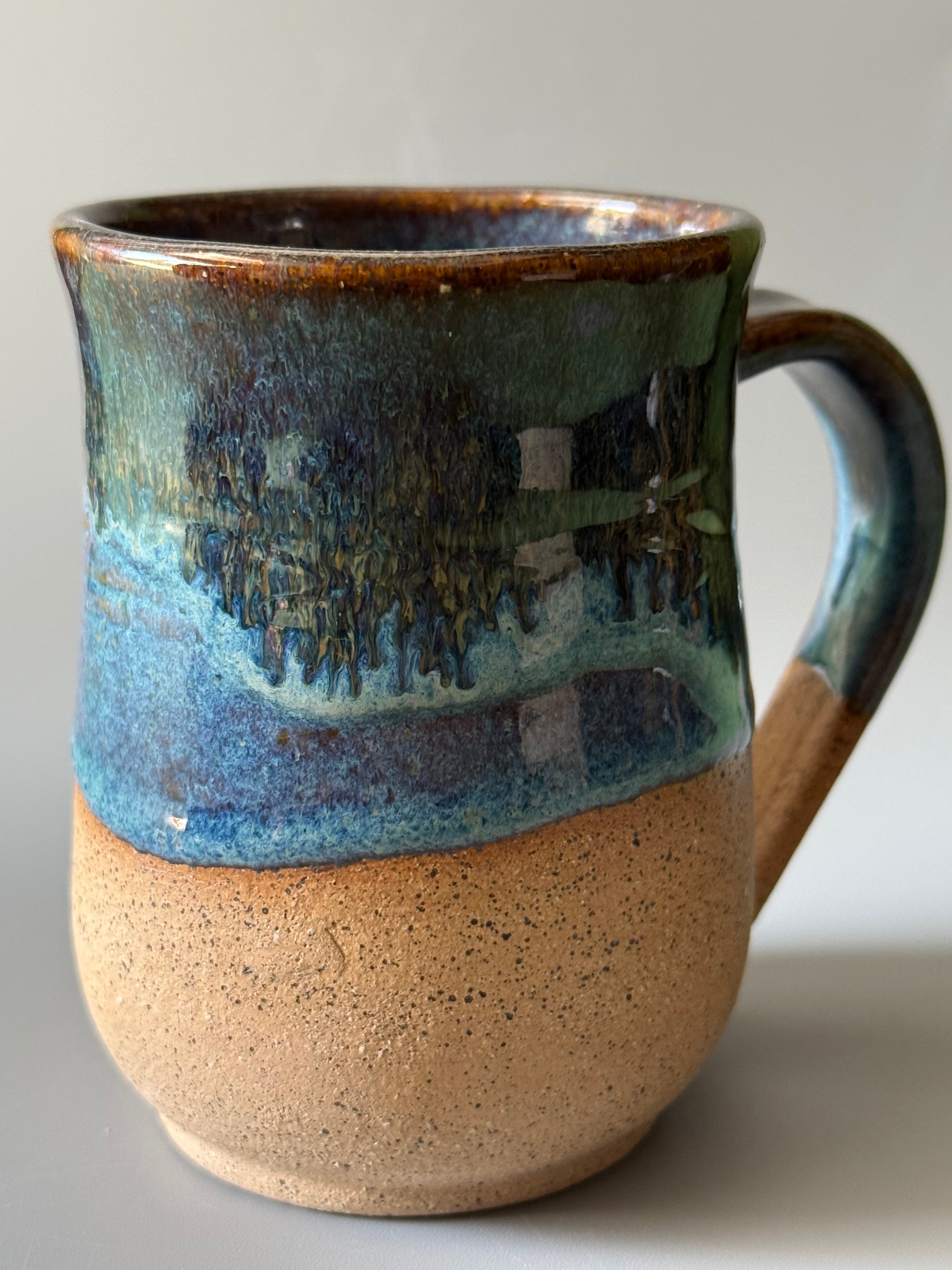 Handmade ceramic mug 10-12 oz Blue with golden drips on speckled stoneware
