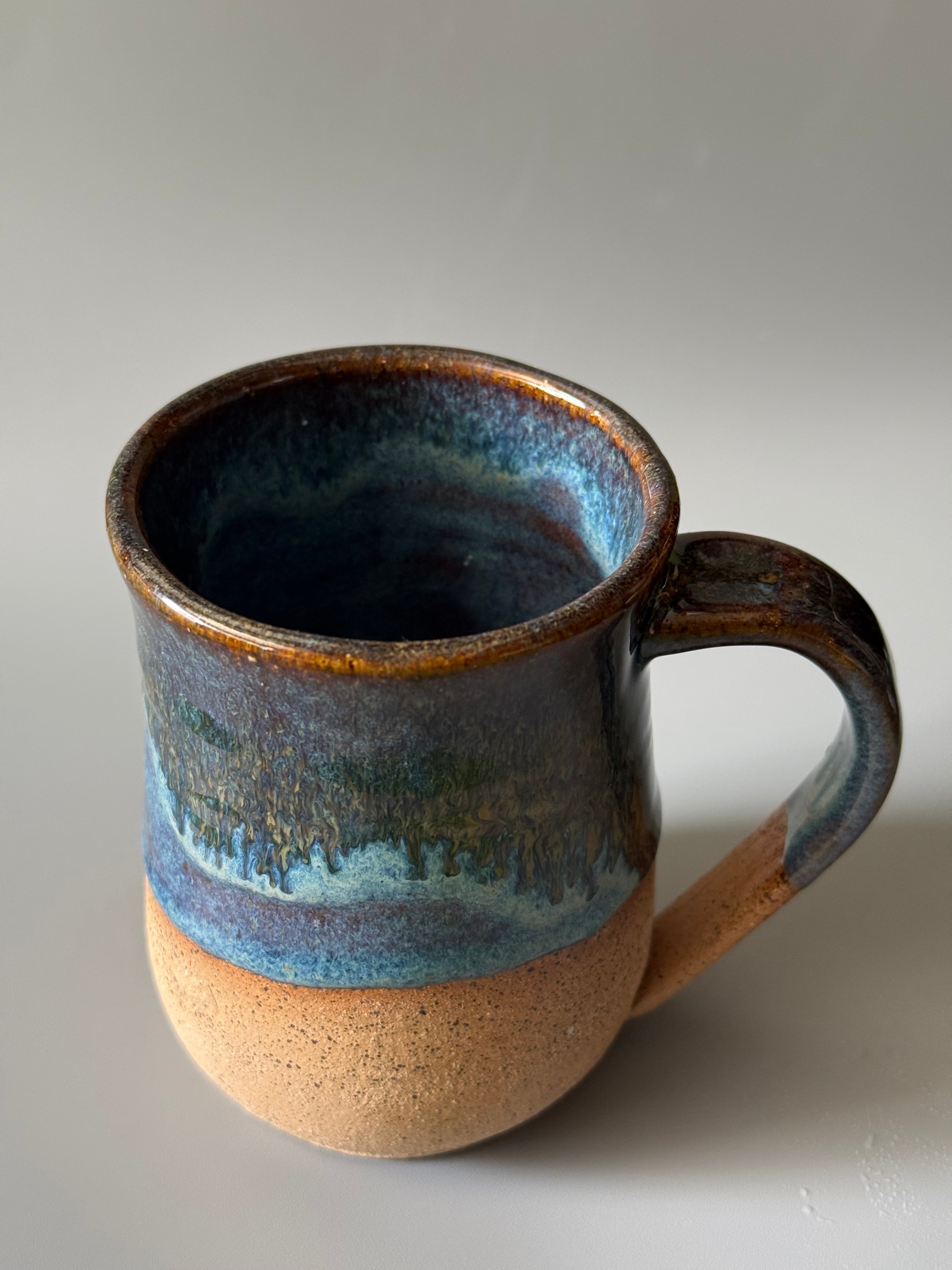 Handmade Blue mug with drip glaze, bare speckled clay 10-12 oz