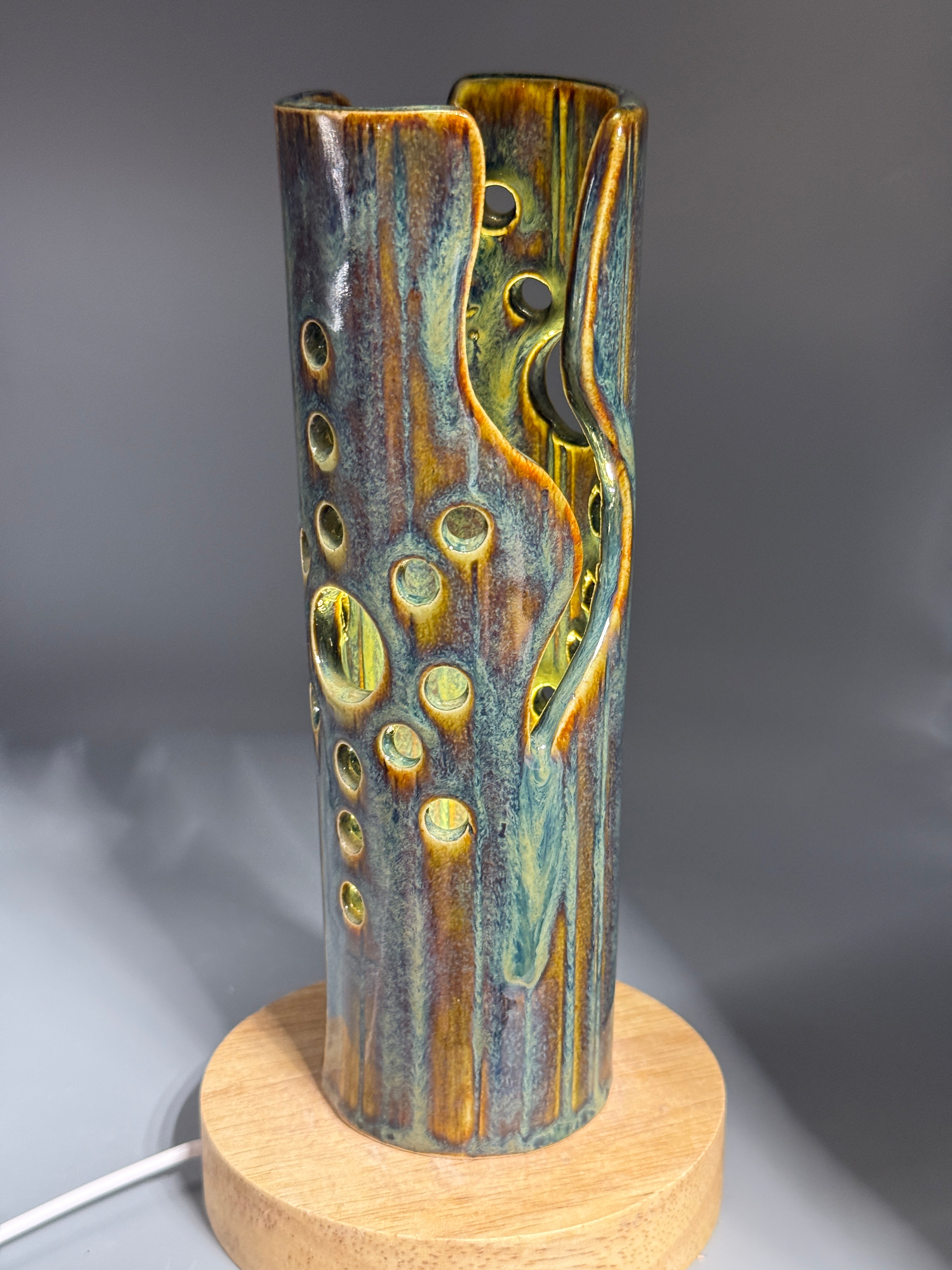 Pine Hollow — Carved Ceramic Accent Lamp with Wood LED Base