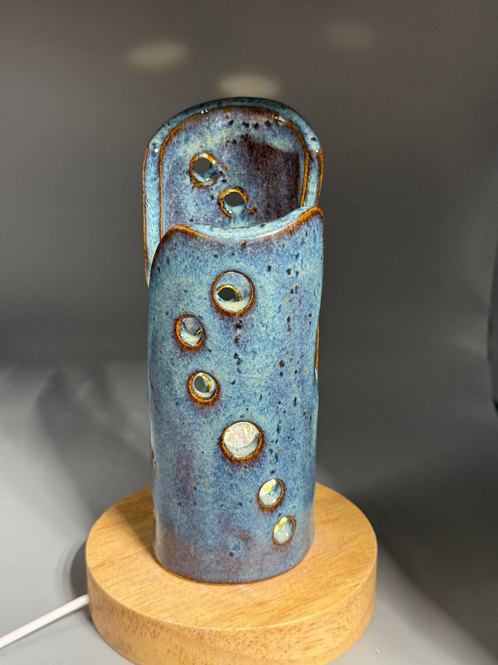 Chicory Sky — Carved Ceramic Accent Lamp with Wood LED Base