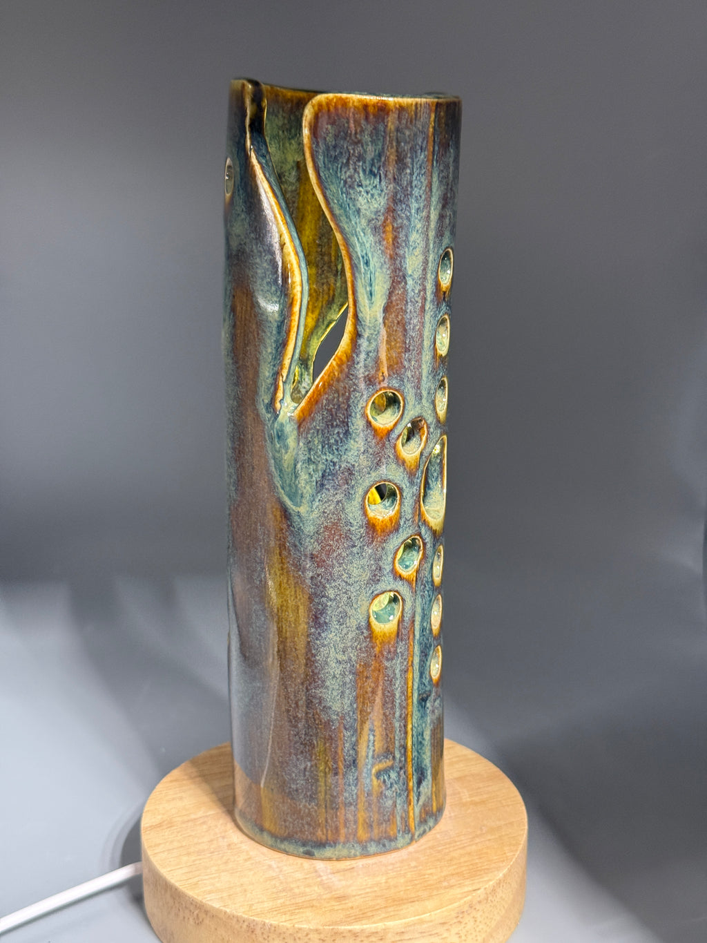 Marsh Ember — Carved Ceramic Accent Lamp with Wood LED Base
