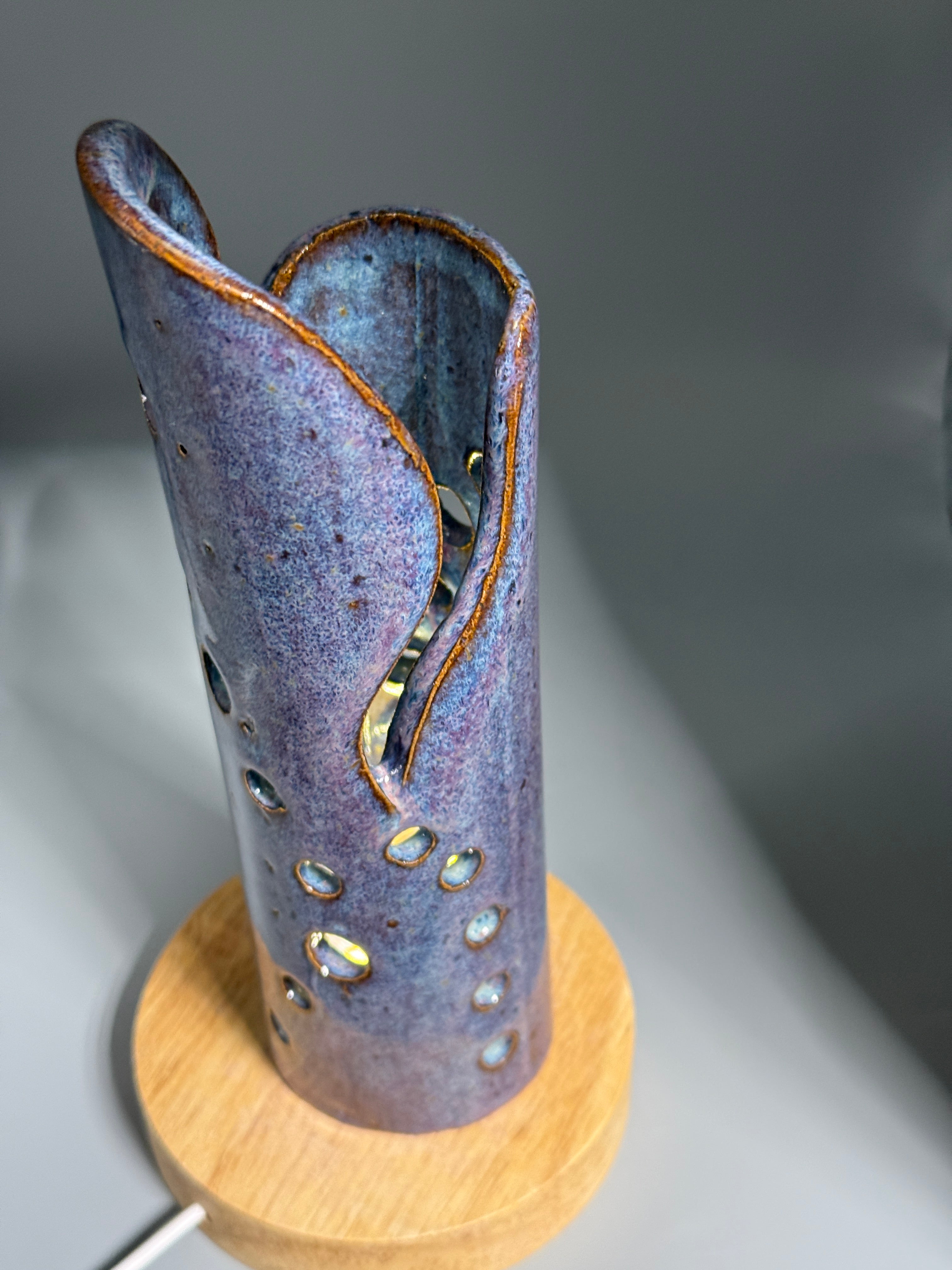 Thistle Rain — Carved Ceramic Accent Lamp with Wood LED Base