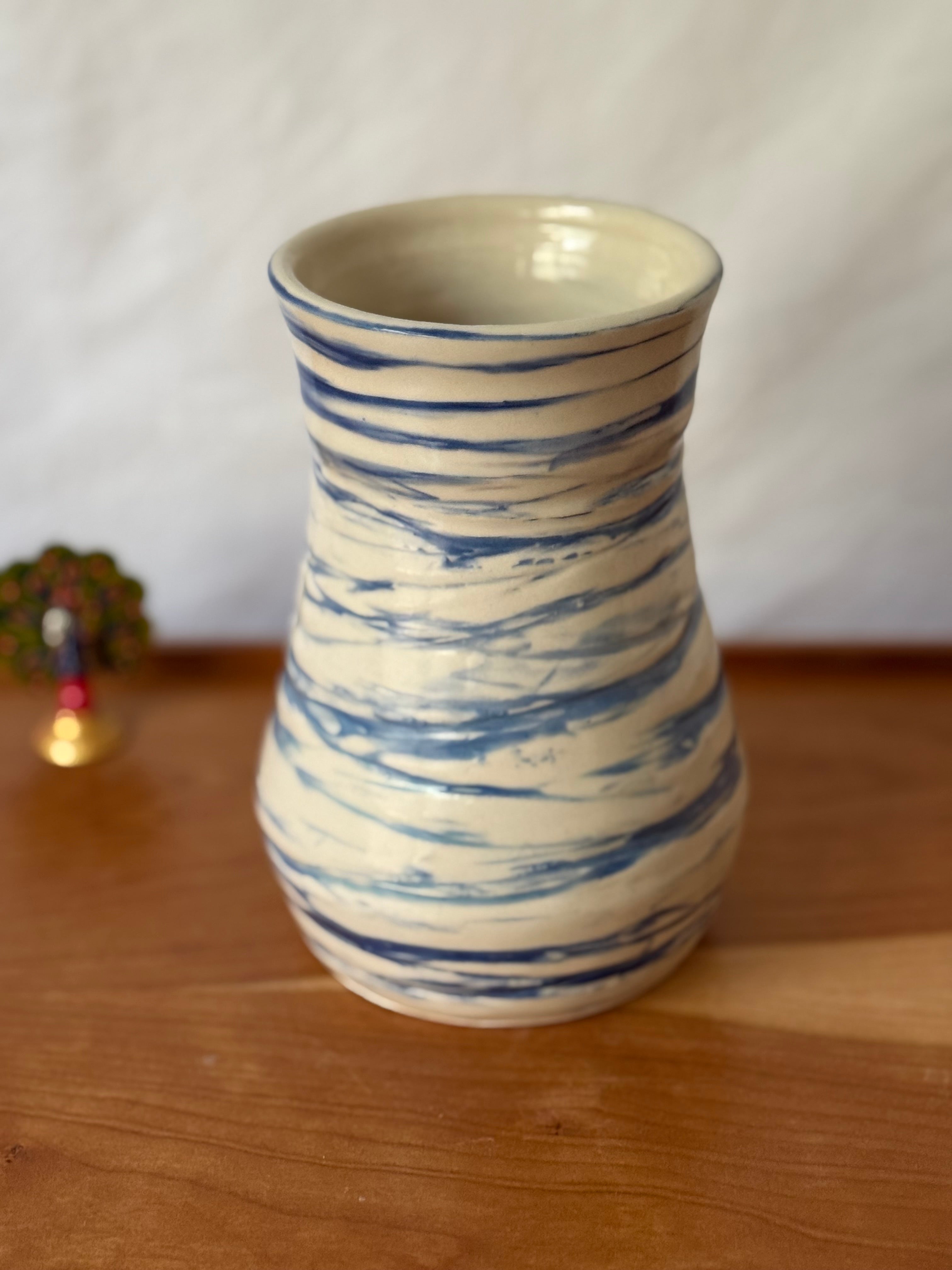 Ceramic vase - medium Blue on white stoneware 6.5”